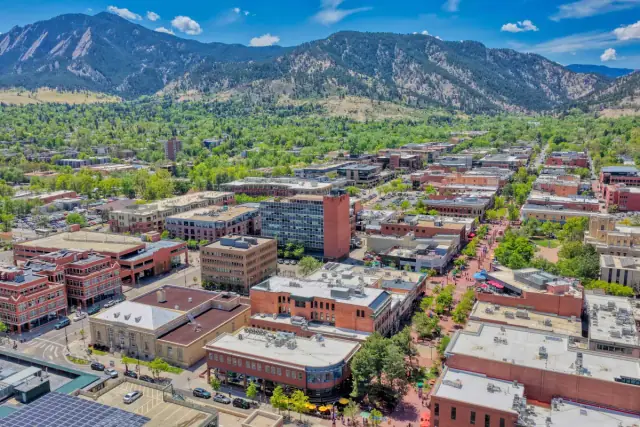 Aerial drone photo of Pearl Street and downtown Boulder, Colorado
