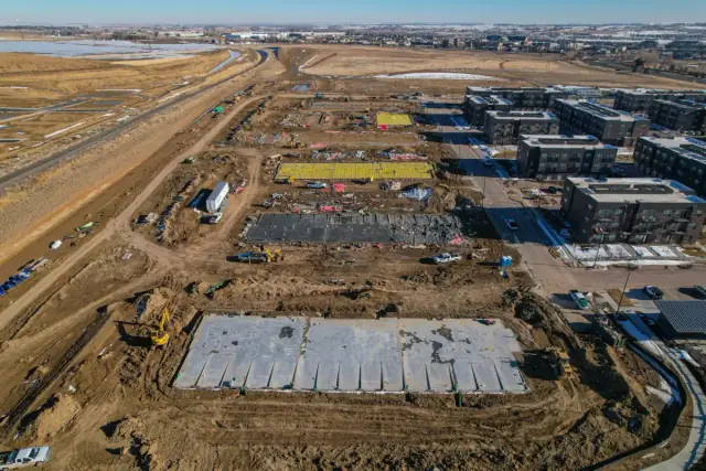 Drone photo showing construction progress and site activity from above