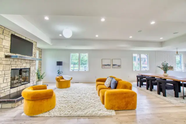 Interior real estate photo of a bright Boulder living room with modern staging