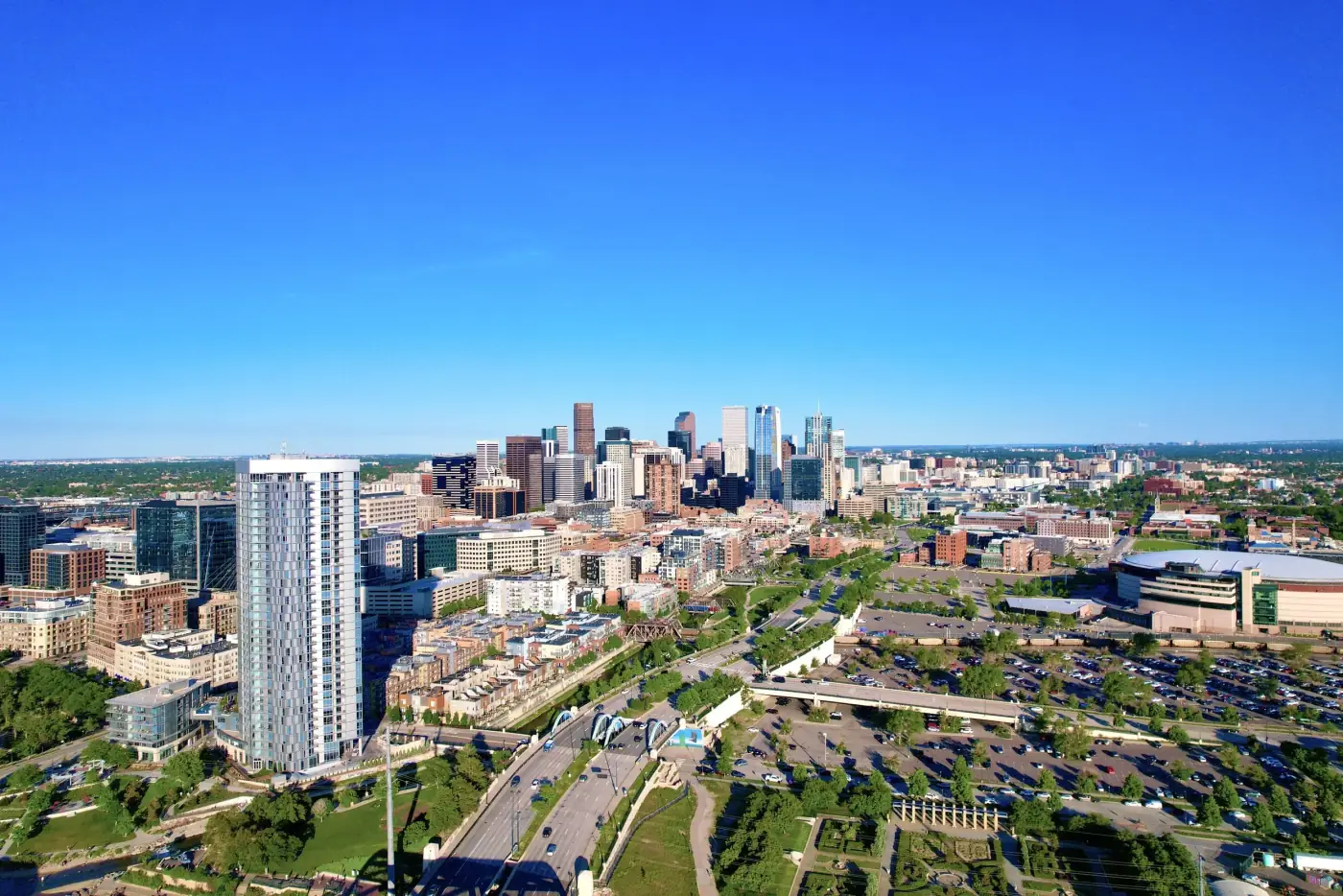 Aerial drone view of Denver for Colorado event videography and venue coverage