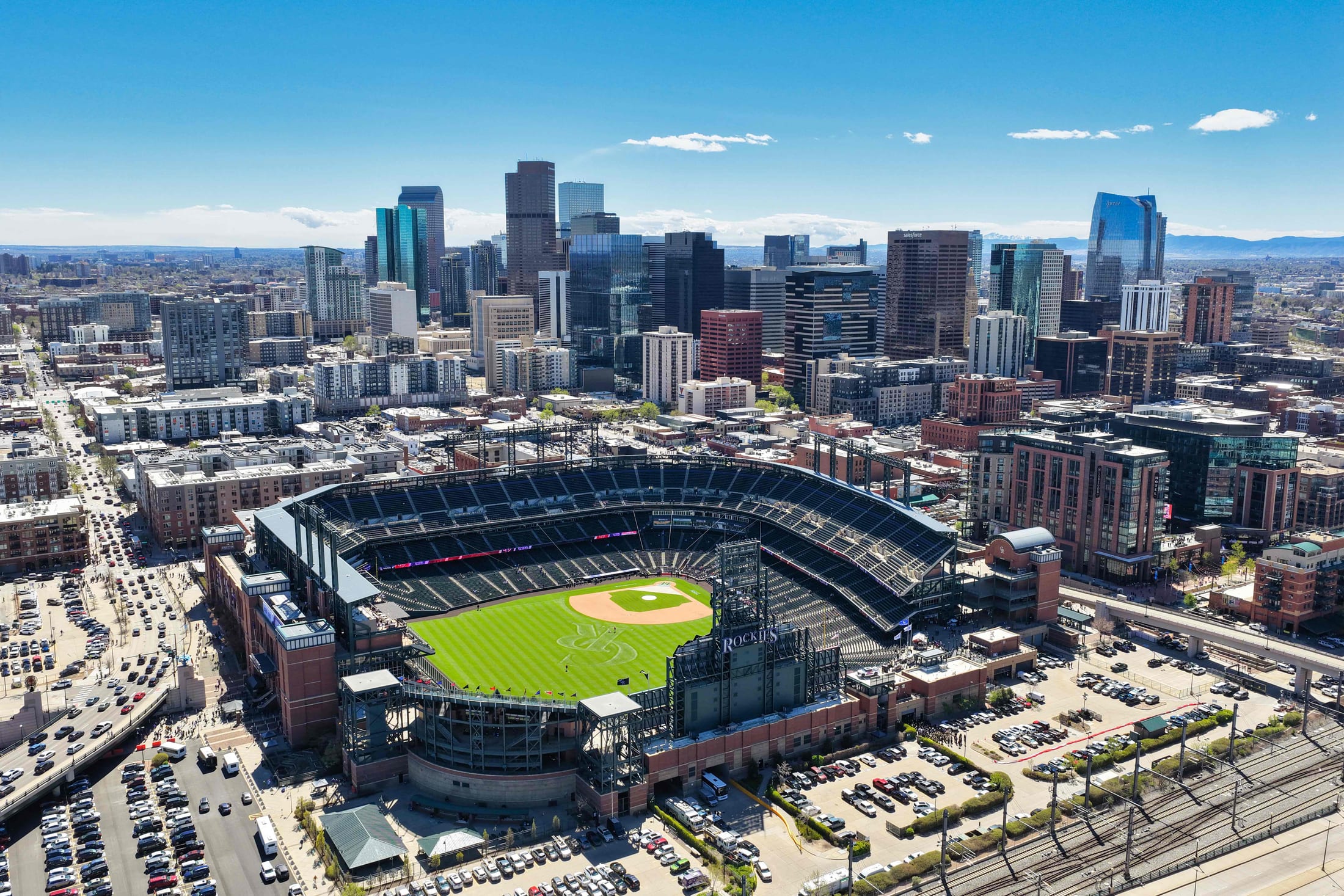 Downtown Denver aerial drone photo near Coors Field