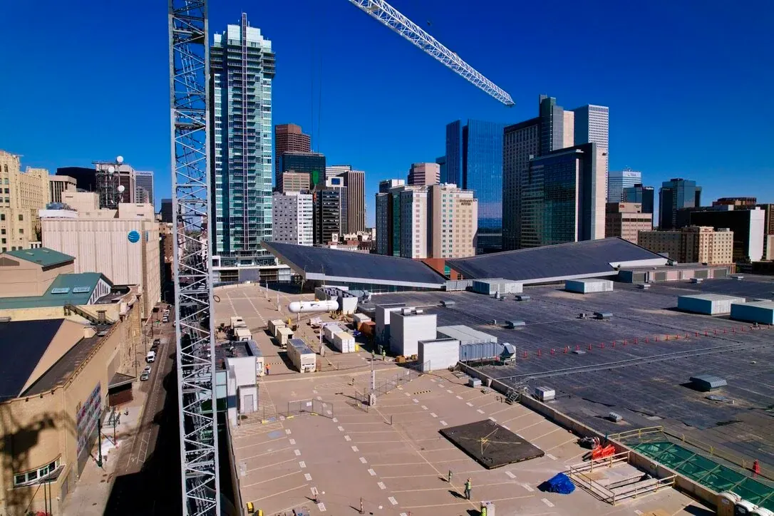 Drone construction marketing photo of a Denver development site near downtown