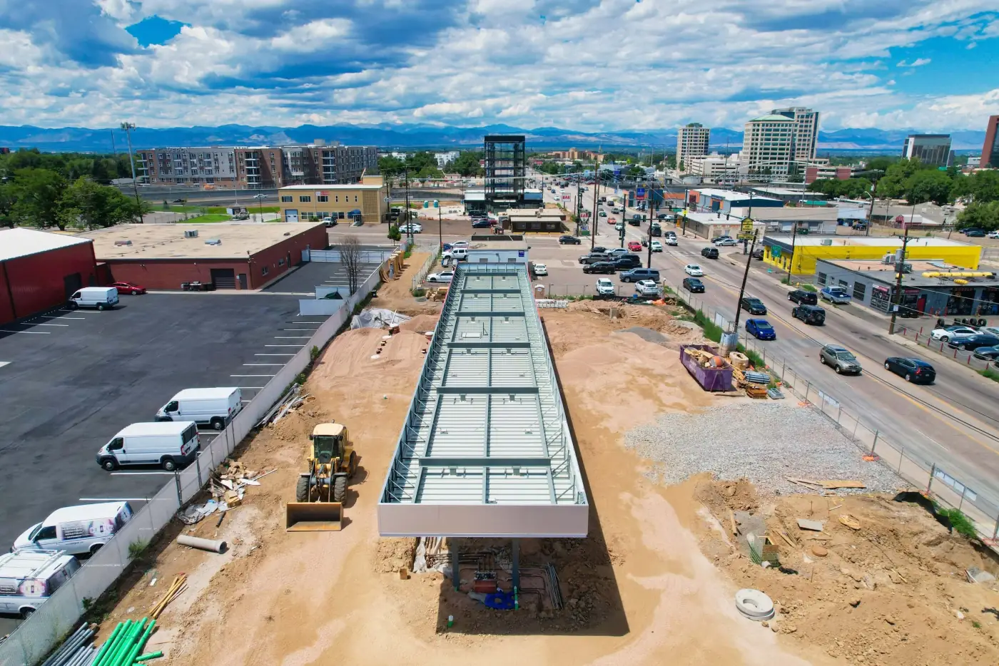 Drone photo of an active Aurora construction project with equipment and site layout visible