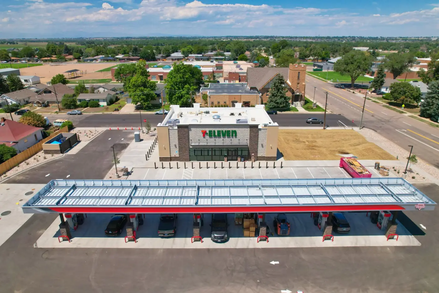 Drone photo of commercial property and surrounding parking in Colorado