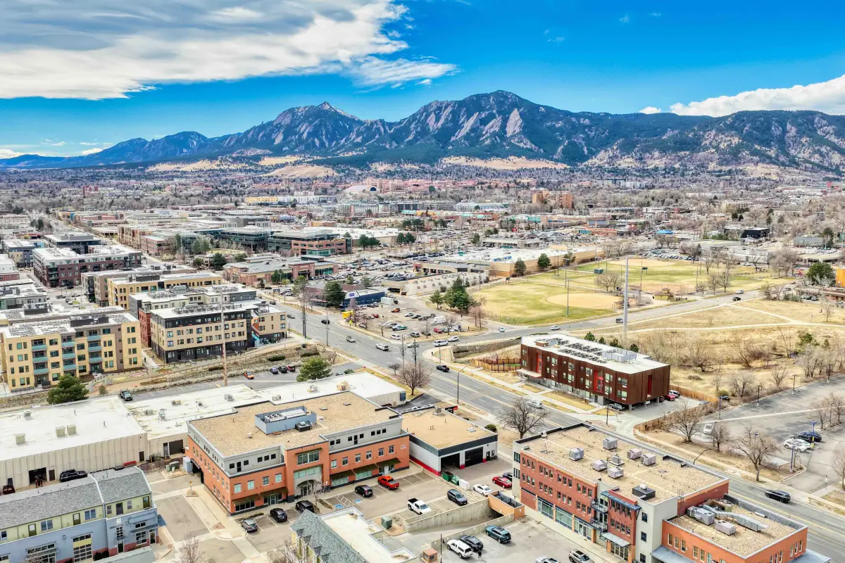 Drone photo for Boulder commercial real estate marketing with property and surrounding context